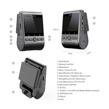 VIOFO A129 Plus Duo technical diagram labeling ports, buttons, and dimensions