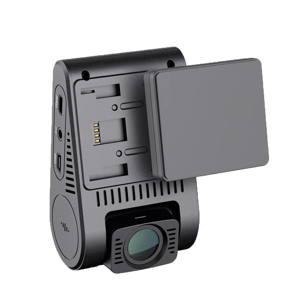 VIOFO A129 Plus Duo rear view with open cover revealing MicroSD slot and gold contacts