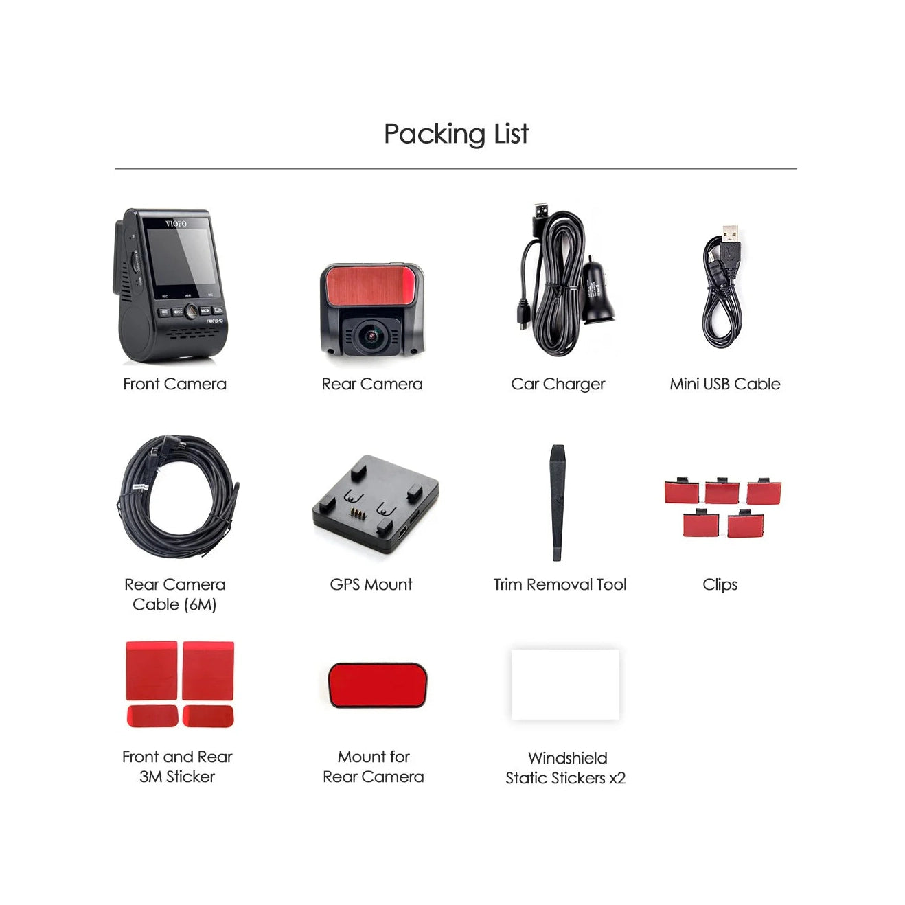 VIOFO A129 Pro Duo complete packing list including cables, mounts, and memory card