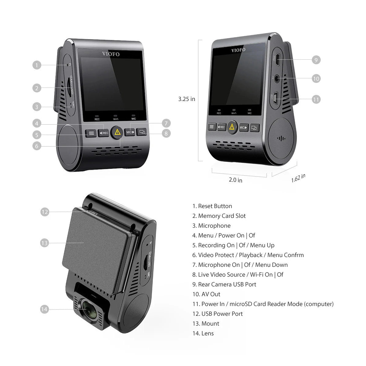 VIOFO A129 Pro Duo technical diagram showing ports, buttons, and lens dimensions