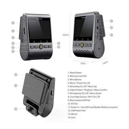 VIOFO A129 Pro Duo technical diagram showing ports, buttons, and lens dimensions