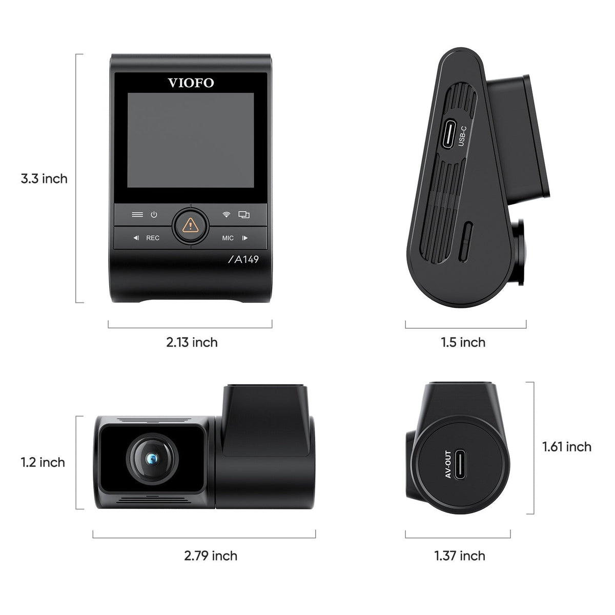 VIOFO A149 Pro Duo dash cam technical dimensions and port layout diagram