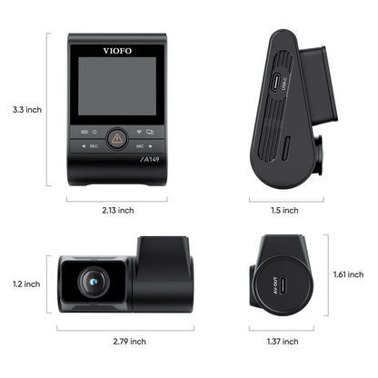 VIOFO A149 Pro Duo dash cam technical dimensions and port layout diagram