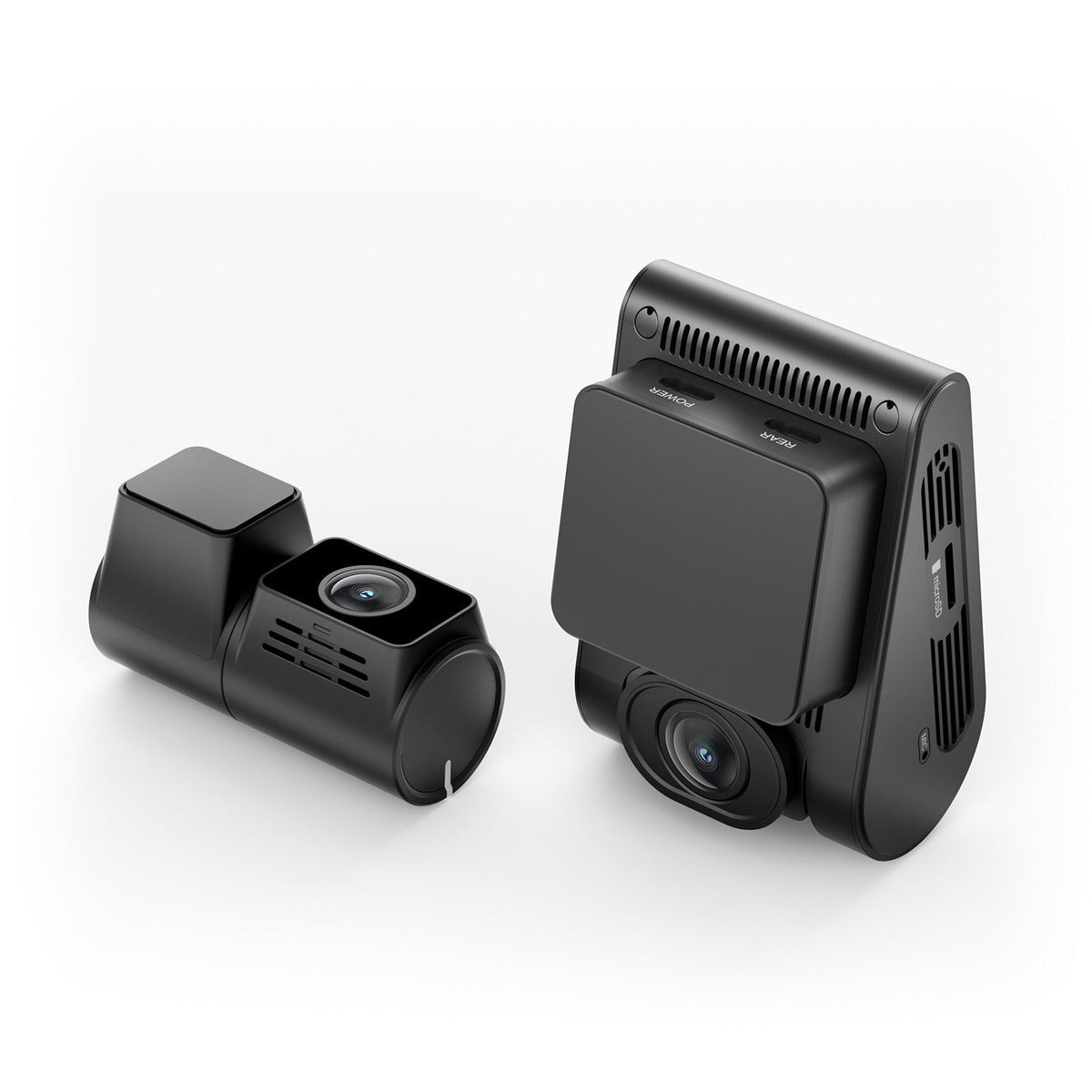 VIOFO A149 Pro Duo dash cam rear ports, SD slot, and Bluetooth label view