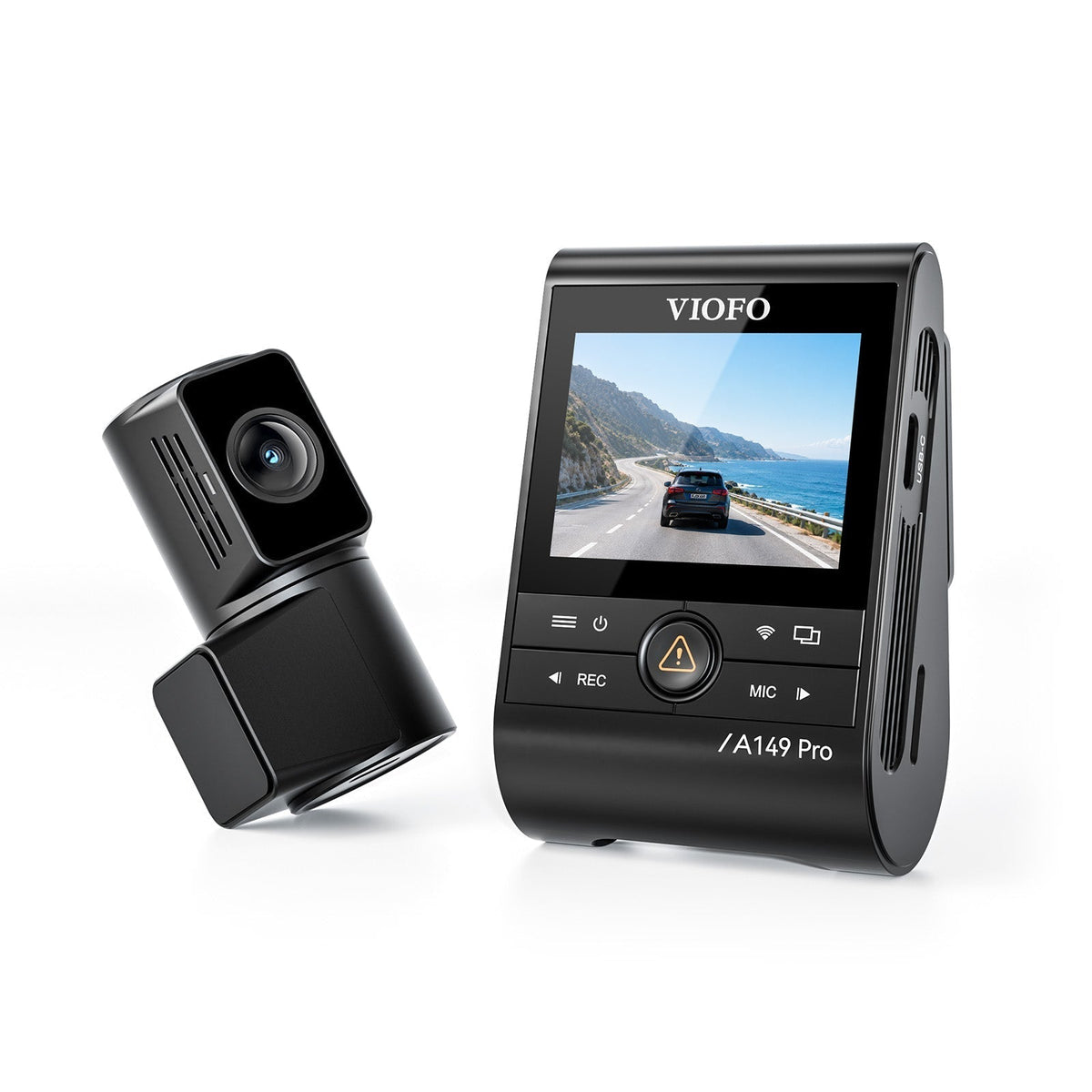VIOFO A149 Pro Duo dash cam unit with control buttons and rear camera module