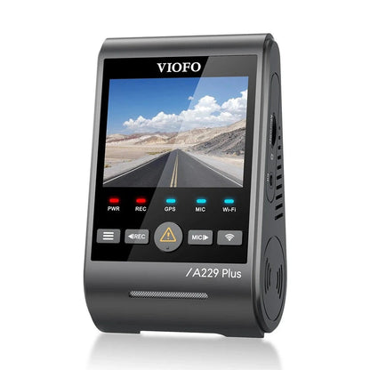 VIOFO A229 Plus black dash cam front view with screen and control buttons