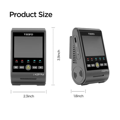 VIOFO A229 Plus size diagram showing dimensions in inches