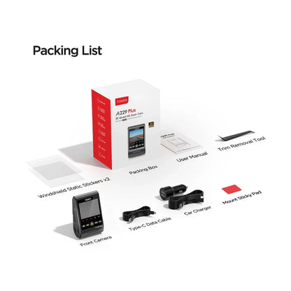 VIOFO A229 Plus dash cam packing list with mount, charger, and cables