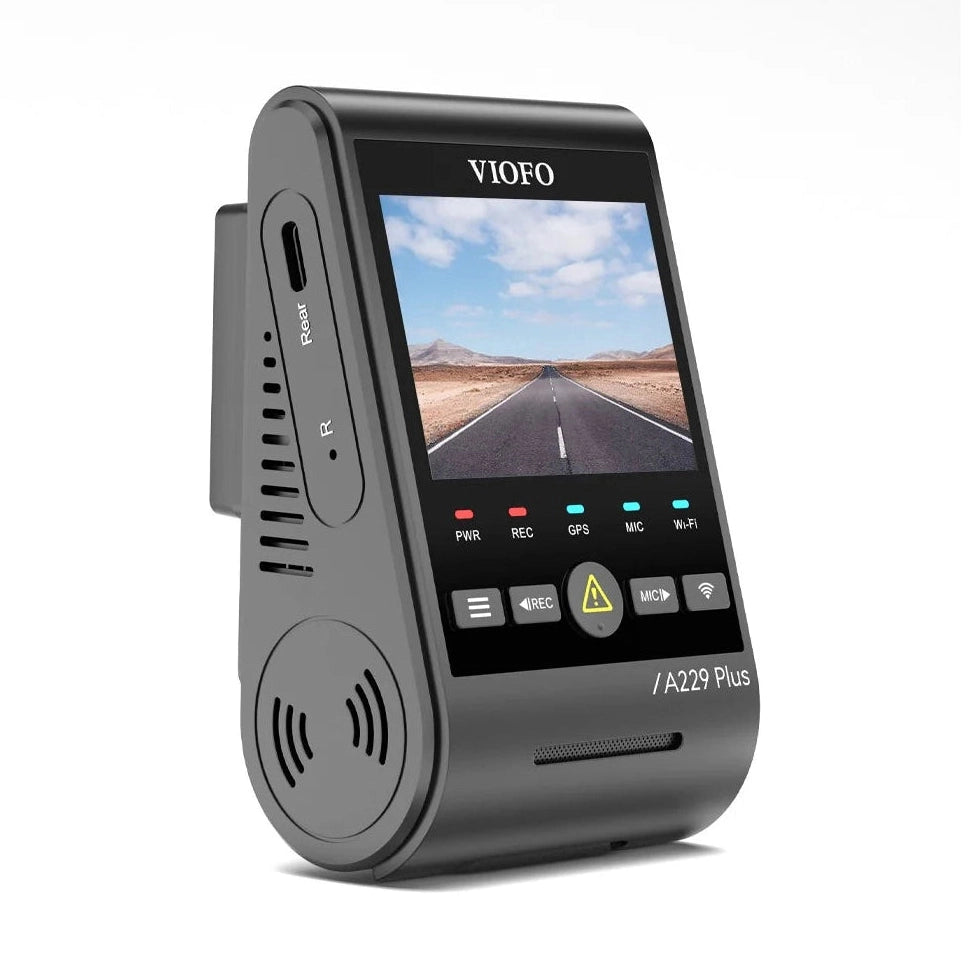 VIOFO A229 Plus side profile showing USB-C port and speaker grille