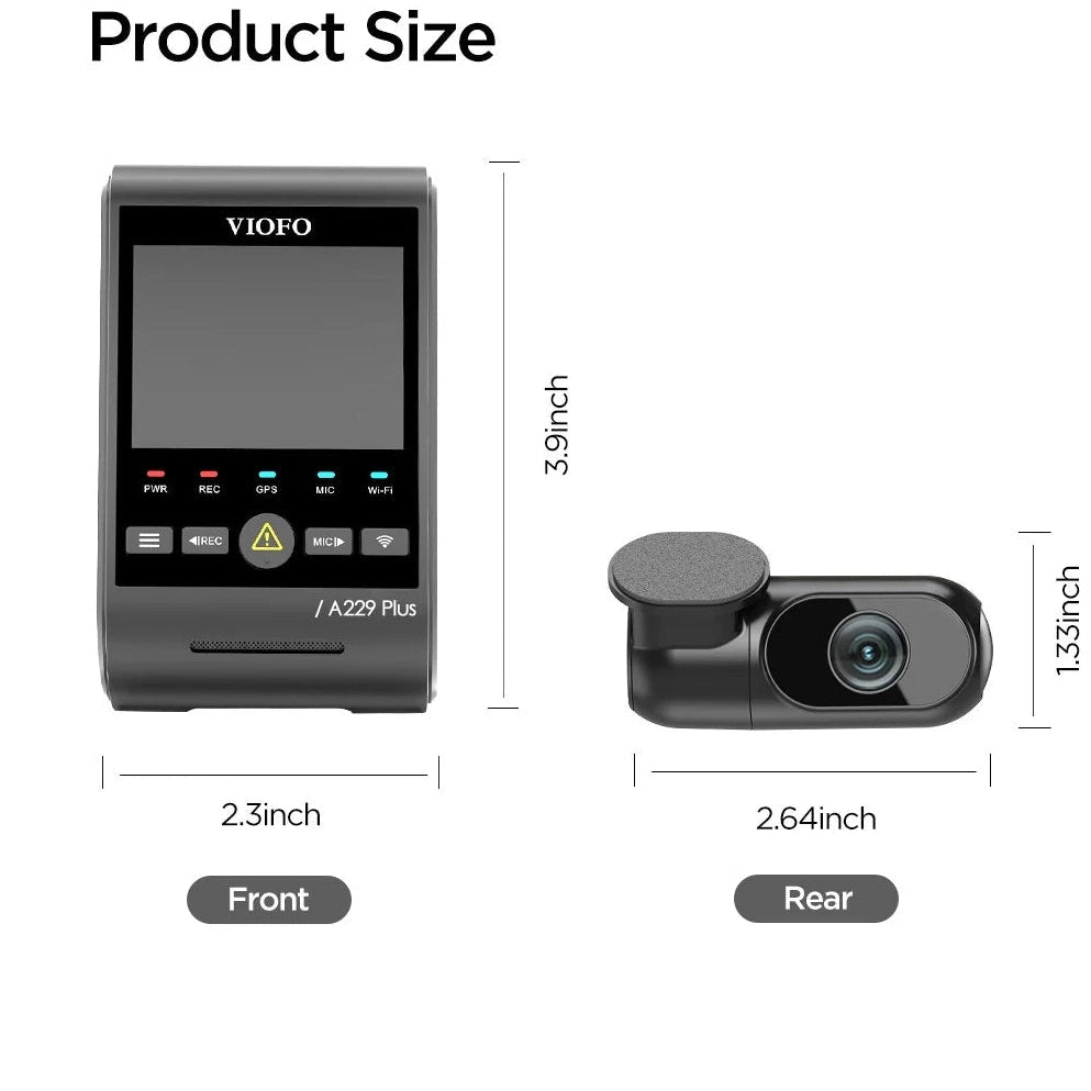 VIOFO A229 Plus front and rear dash cam unit dimensions size comparison