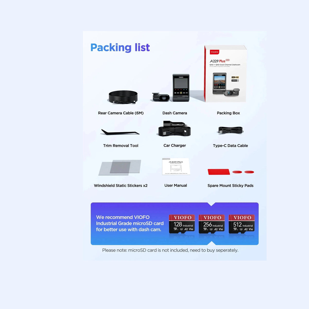 VIOFO A229 Plus dash cam kit contents with rear camera, charger, cables and microSD cards