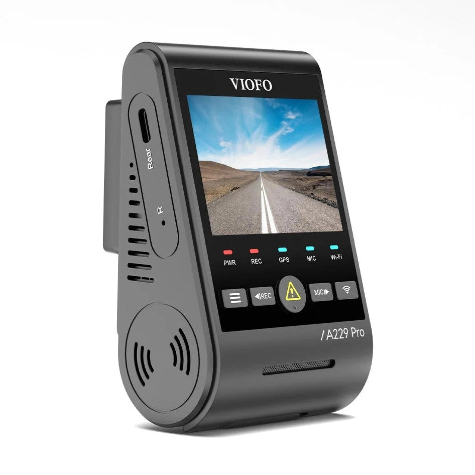 VIOFO A229 Pro black dash cam front view with screen and control buttons