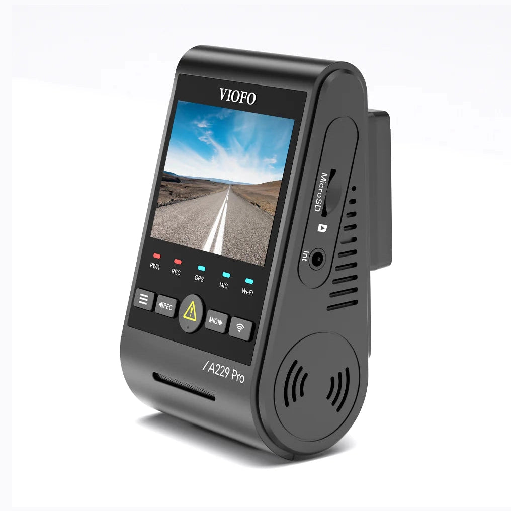 VIOFO A229 Pro rear-left angle showing MicroSD slot and ventilation
