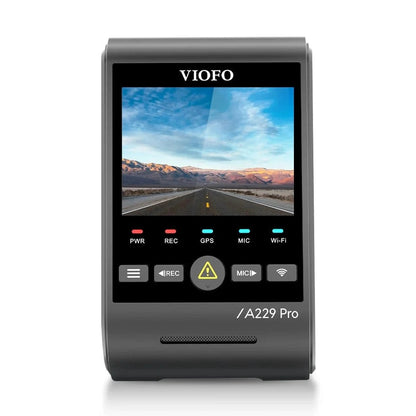 VIOFO A229 Pro front view displaying VIOFO logo and indicator lights