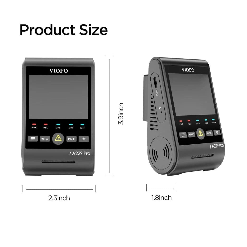 VIOFO A229 Pro dash cam size comparison showing dimensions and side profile