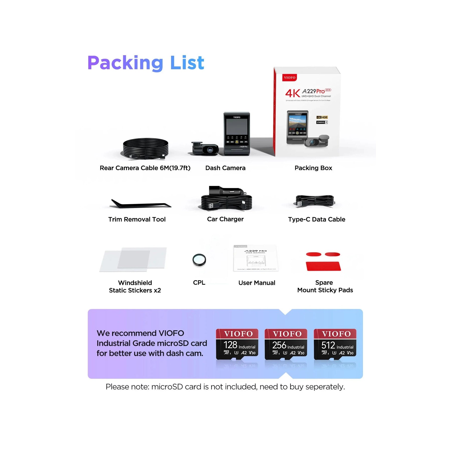 VIOFO A229 Pro 2-CH Front+Rear Dash Cam - 4K + 2K HDR Starvis 2