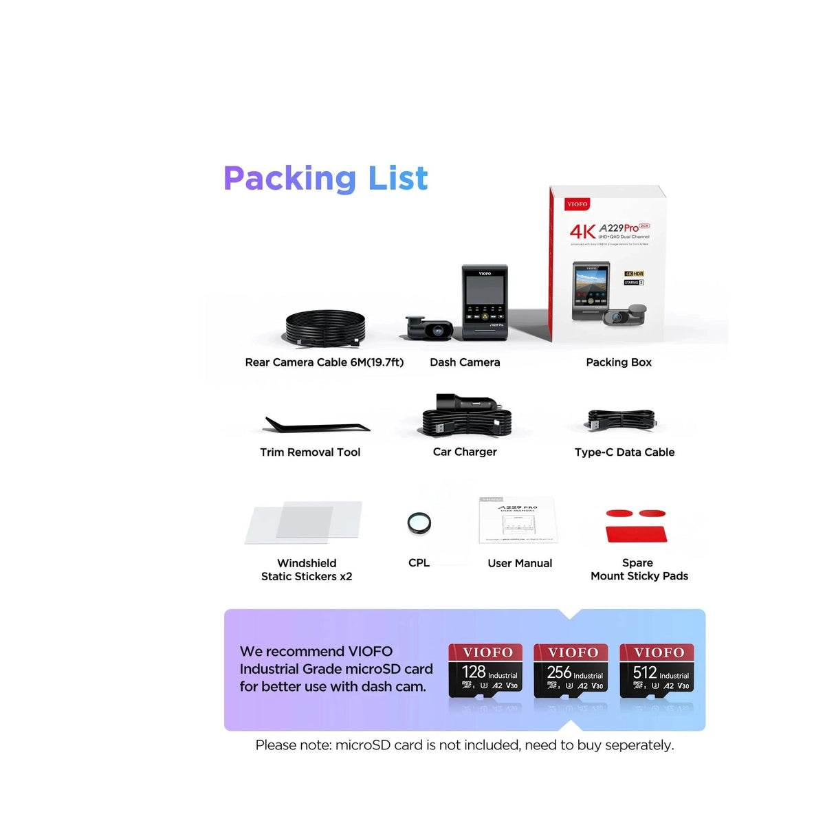 VIOFO A229 Pro box contents including cables, charger, and mounting accessories
