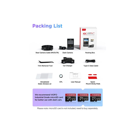VIOFO A229 Pro box contents including cables, charger, and mounting accessories