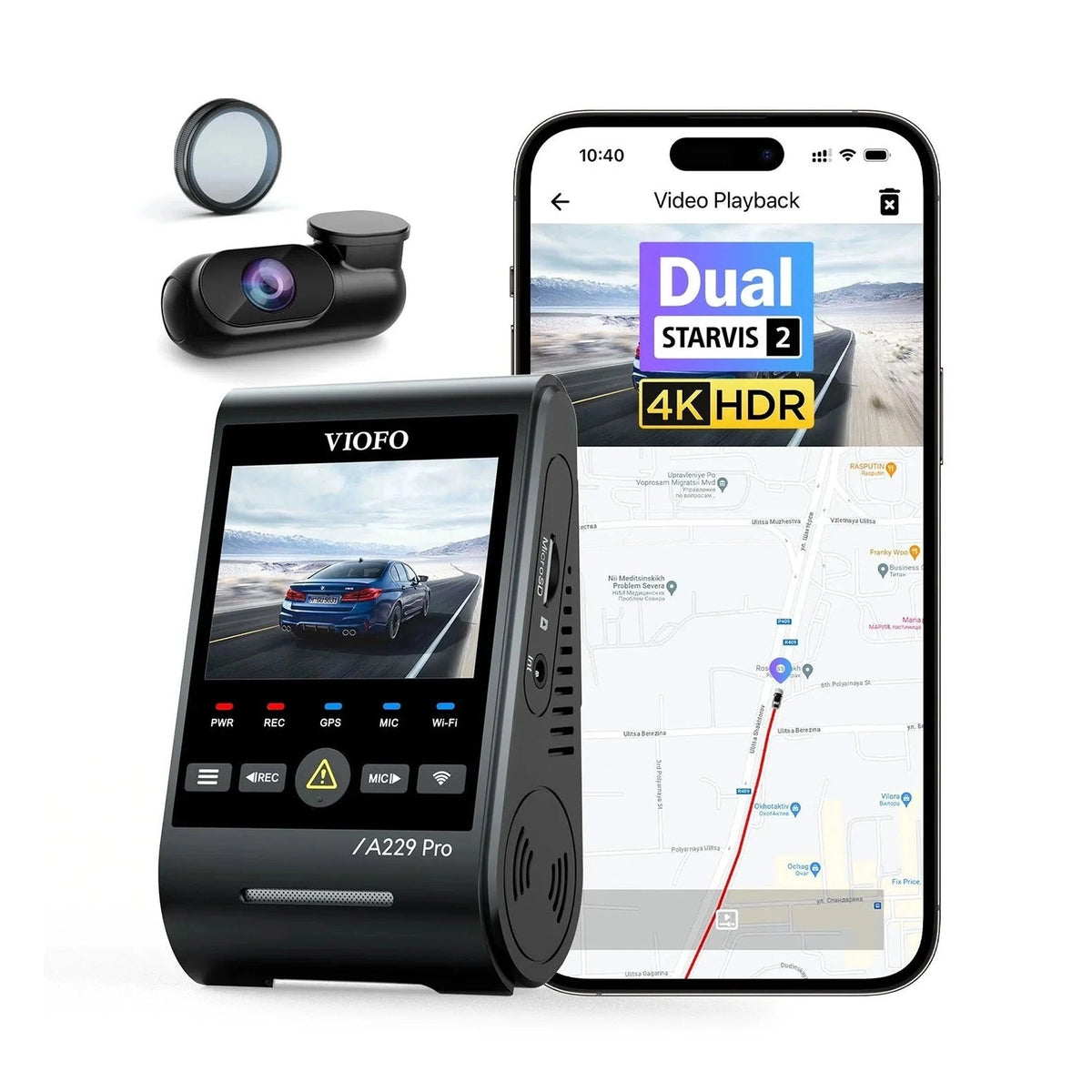 VIOFO A229 Pro dual channel 4K HDR dash cam with smartphone app interface