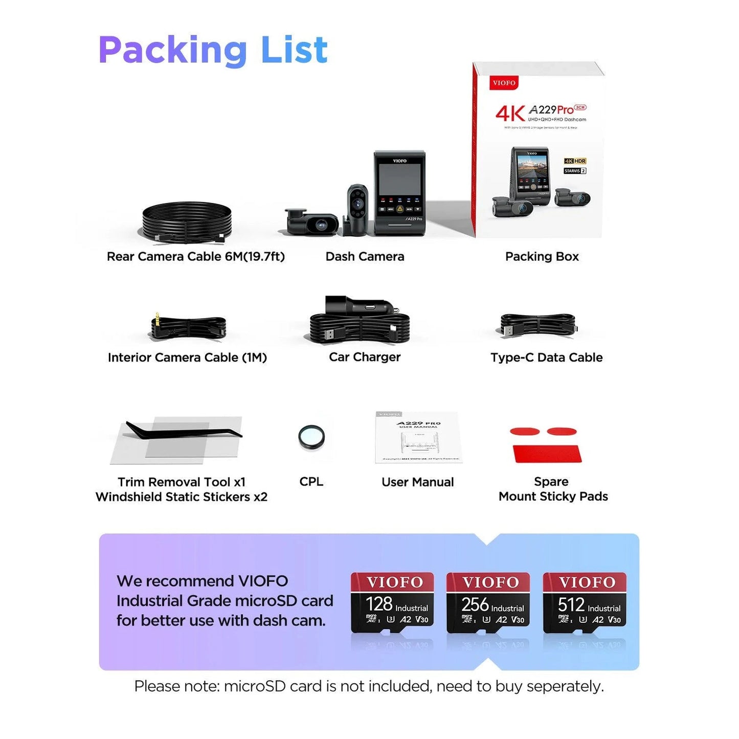VIOFO A229 Pro 3-CH - 4K Front, 2K Rear + 1080p Cabin - HDR, Dual STARVIS 2