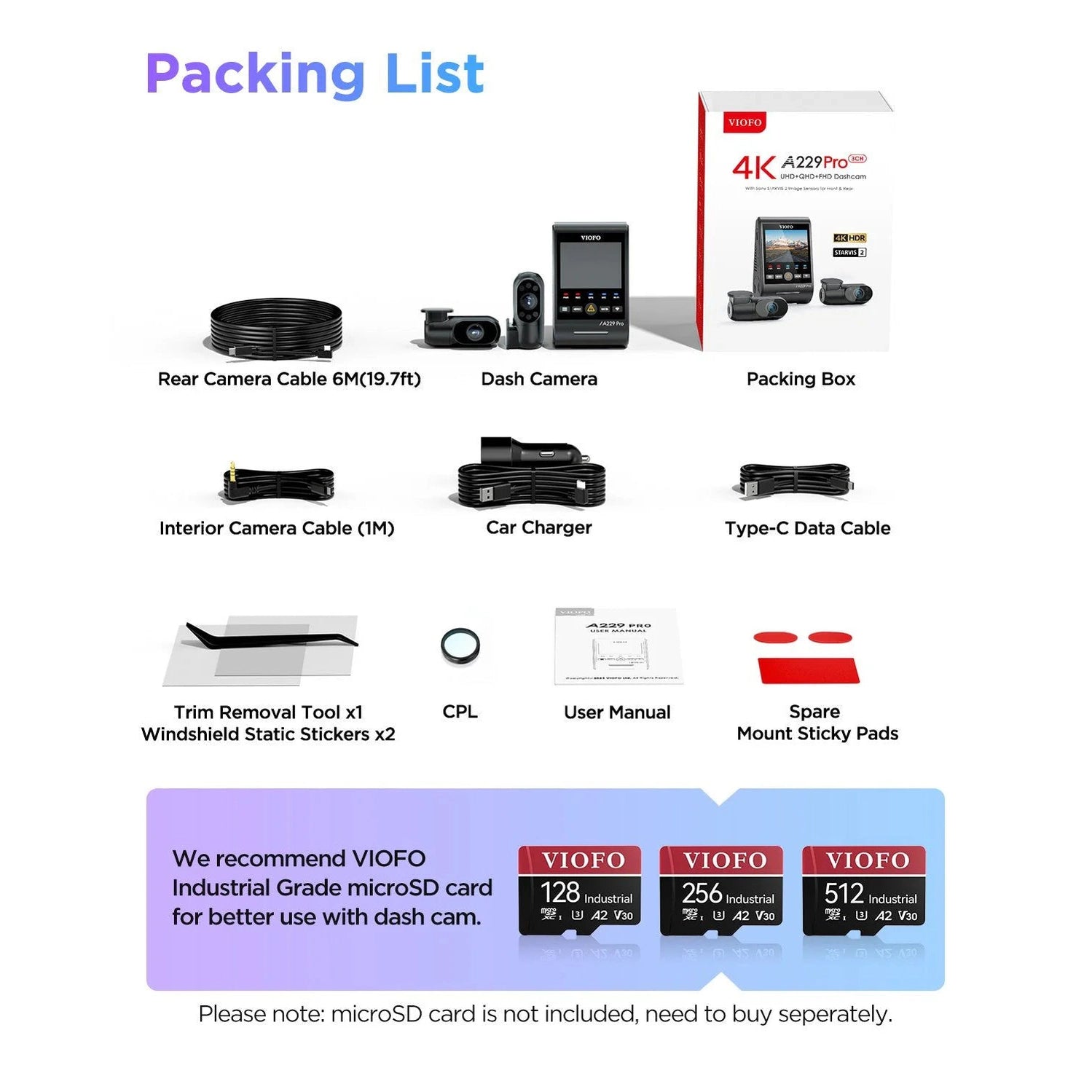 VIOFO A229 Pro 3-CH - 4K Front, 2K Rear + 1080p Cabin - HDR, Dual STARVIS 2