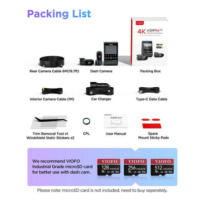VIOFO A229 Pro 3-CH - 4K Front, 2K Rear + 1080p Cabin - HDR, Dual STARVIS 2