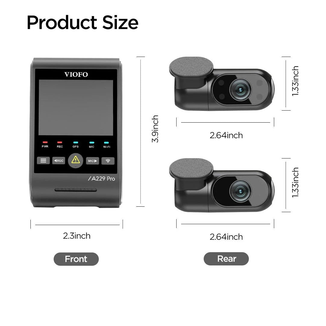 VIOFO A229 Pro dimensions diagram showing front and rear camera module sizes