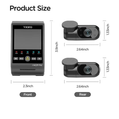VIOFO A229 Pro dimensions diagram showing front and rear camera module sizes