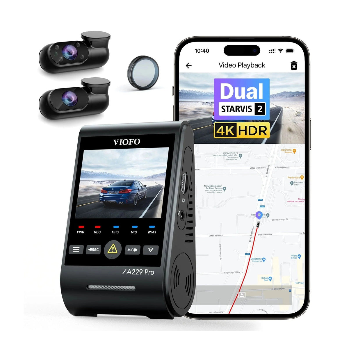 VIOFO A229 Pro 3-channel dash cam with screen and Dual STARVIS 2 rear camera accessories