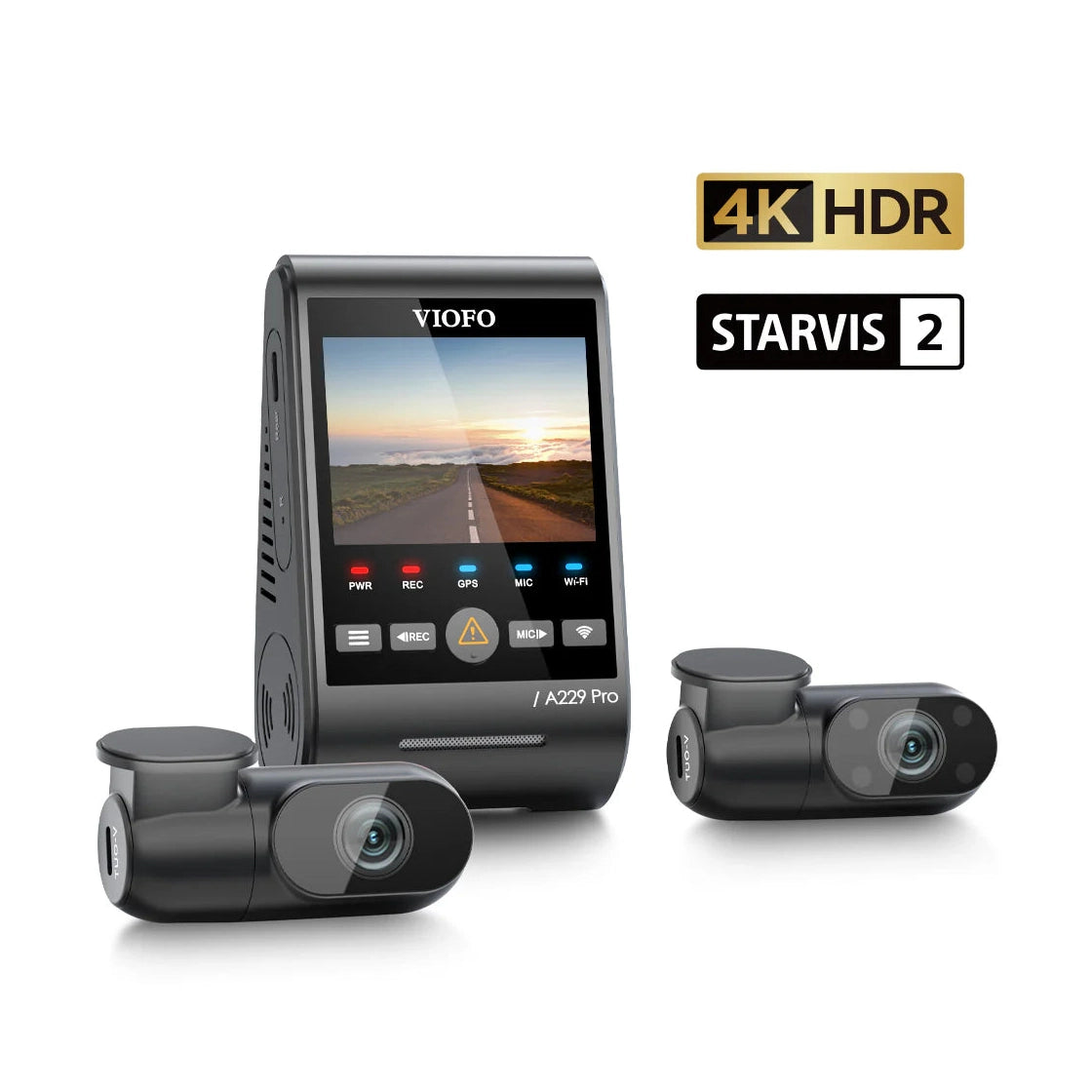 VIOFO A229 Pro main unit with display showing 4K HDR STARVIS 2 recording interface
