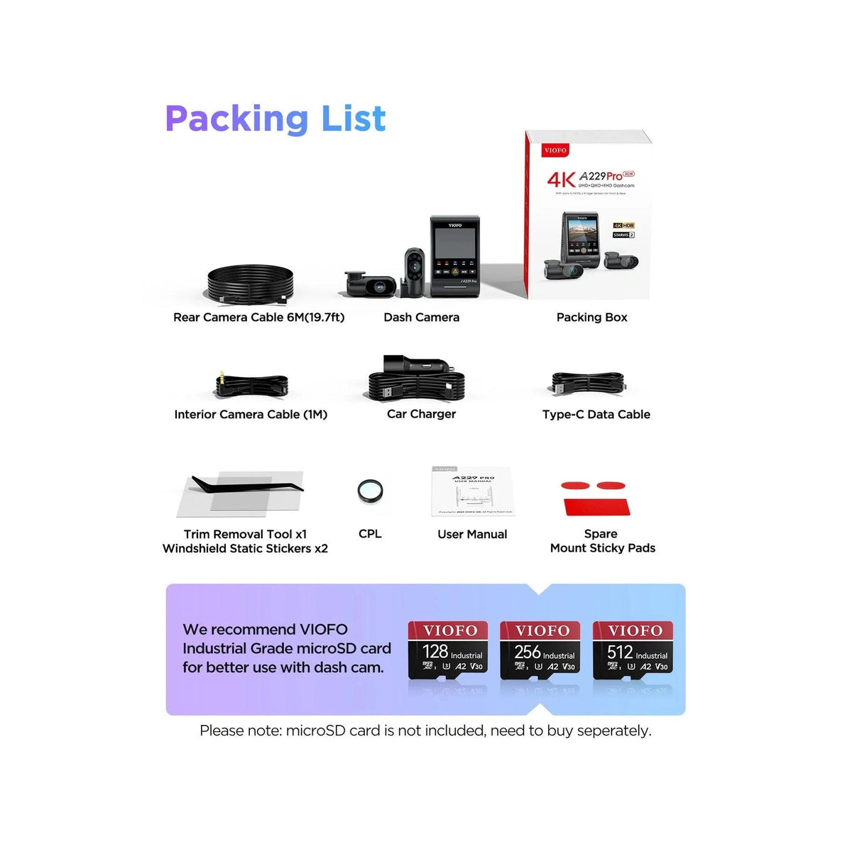 VIOFO A229 Pro 3-CH dash cam packing list including cables, charger, and CPL filter