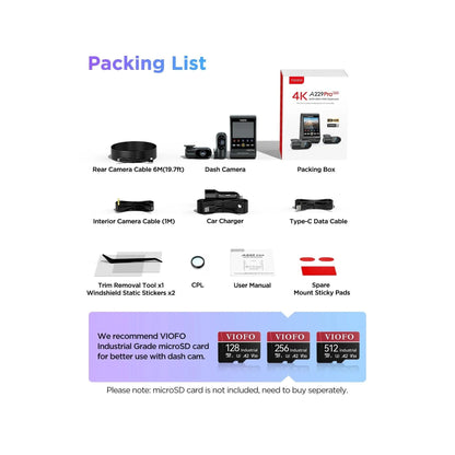 VIOFO A229 Pro 3-CH dash cam packing list including cables, charger, and CPL filter