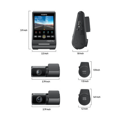 VIOFO A229 Pro dash cam technical dimensions showing main unit and camera module sizes
