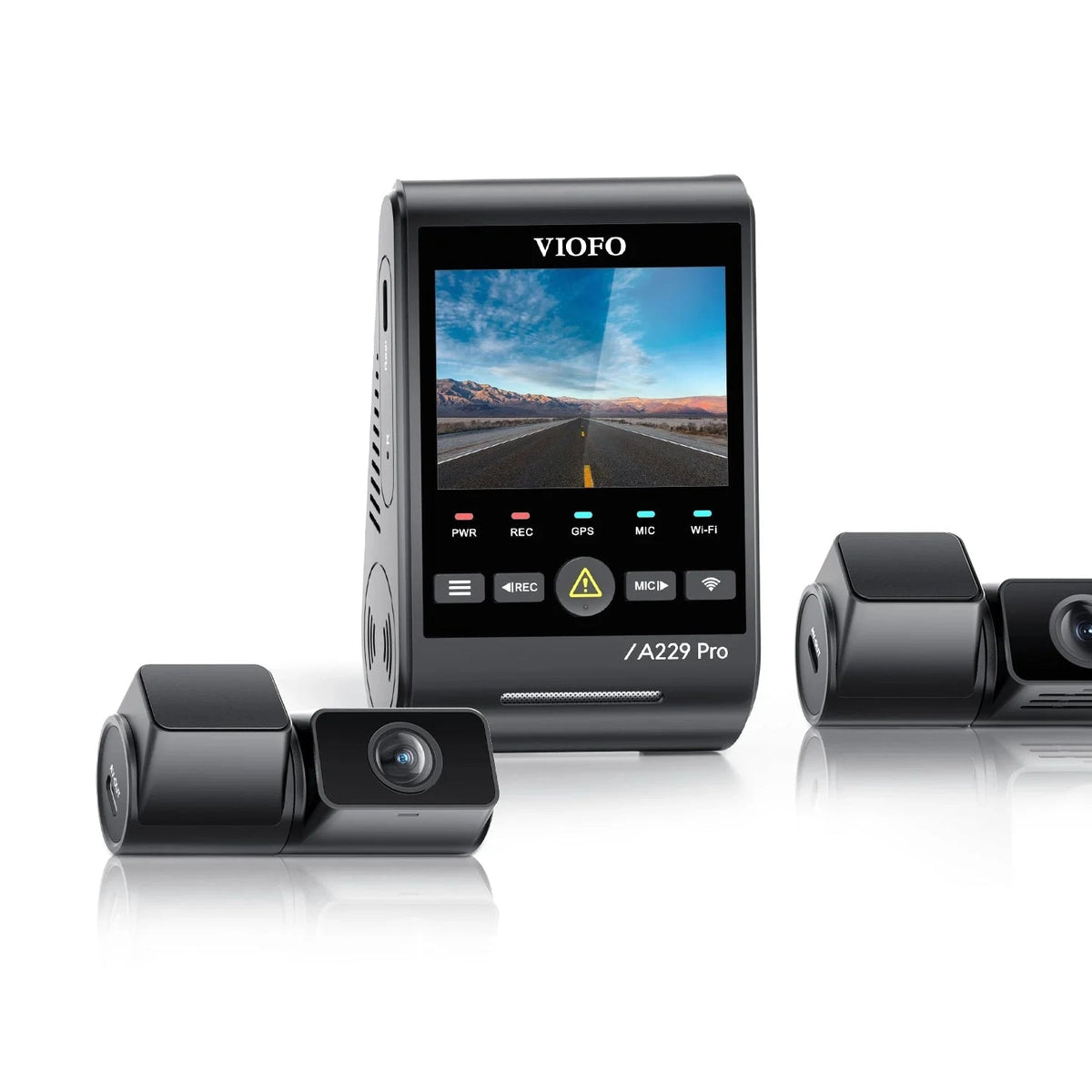 VIOFO A229 Pro 3-CH dash cam setup with vertical screen and wide-angle plus telephoto lenses