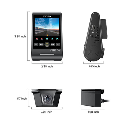 VIOFO A229 Pro-W dimensions diagram for main unit and waterproof rear camera