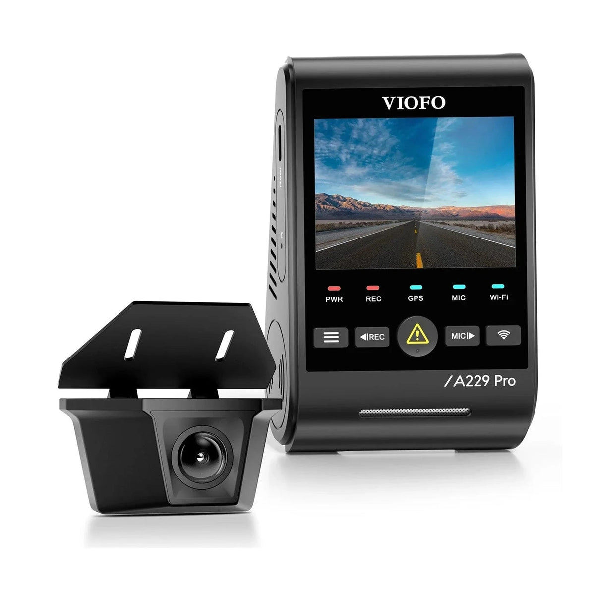VIOFO A229 Pro-W matte black dash cam system showing front screen and rear camera bracket