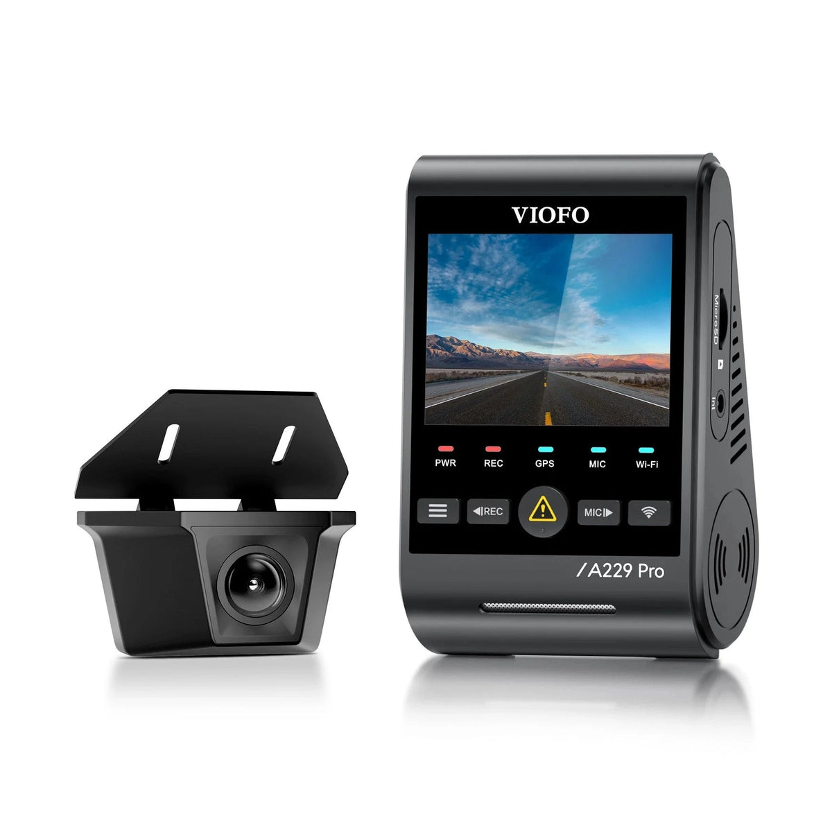 VIOFO A229 Pro-W side view highlighting MicroSD slot, IR port, and ventilation grilles