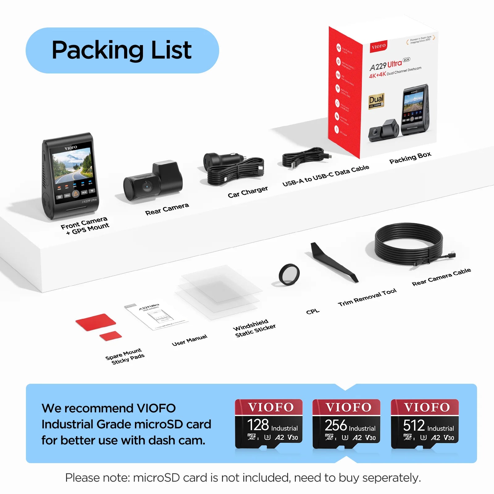 VIOFO A229 Ultra kit contents including cameras cables mount and accessories