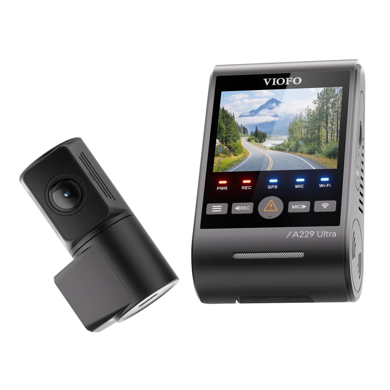 VIOFO A229 Ultra side profile showing USB-C port and ventilation slits