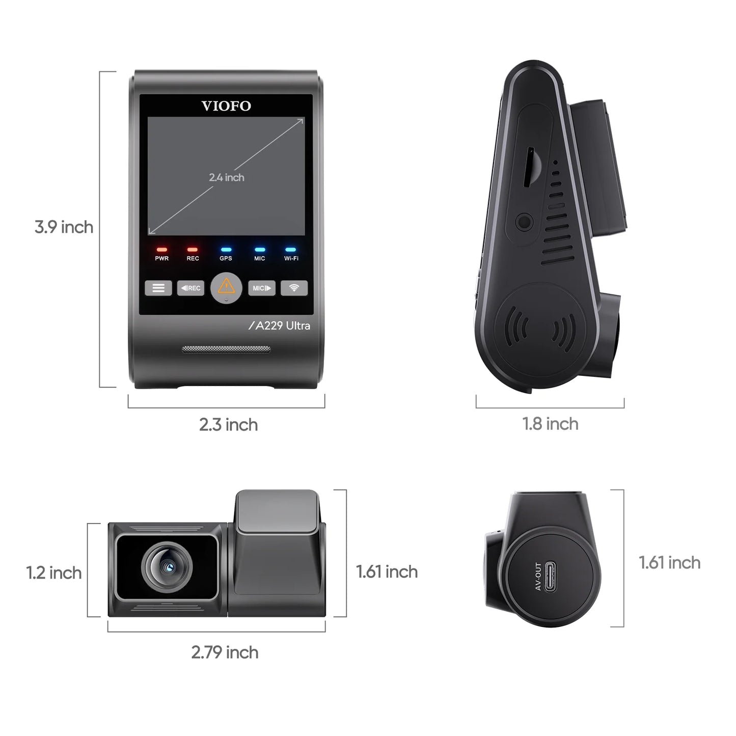 VIOFO A229 Ultra technical dimension diagram showing unit sizes and ports