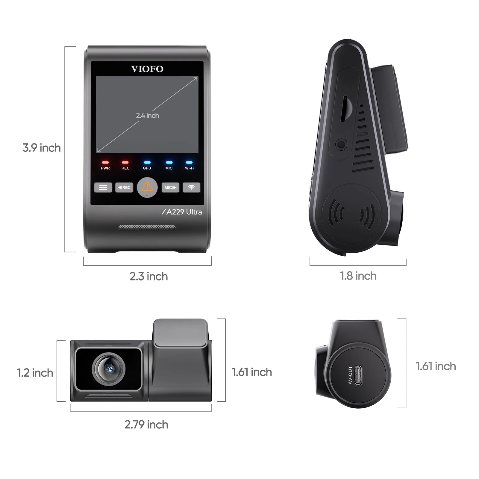 VIOFO A229 Ultra technical dimension diagram showing unit sizes and ports