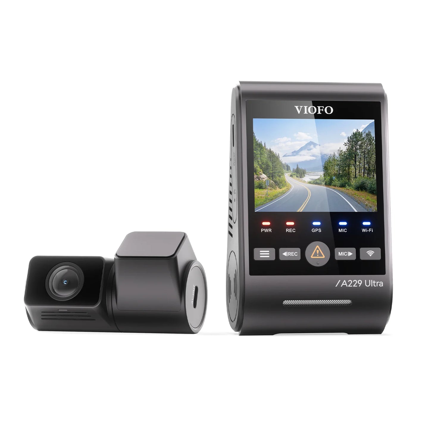 VIOFO A229 Ultra front three-quarter view of dual 4K HDR dash cam system