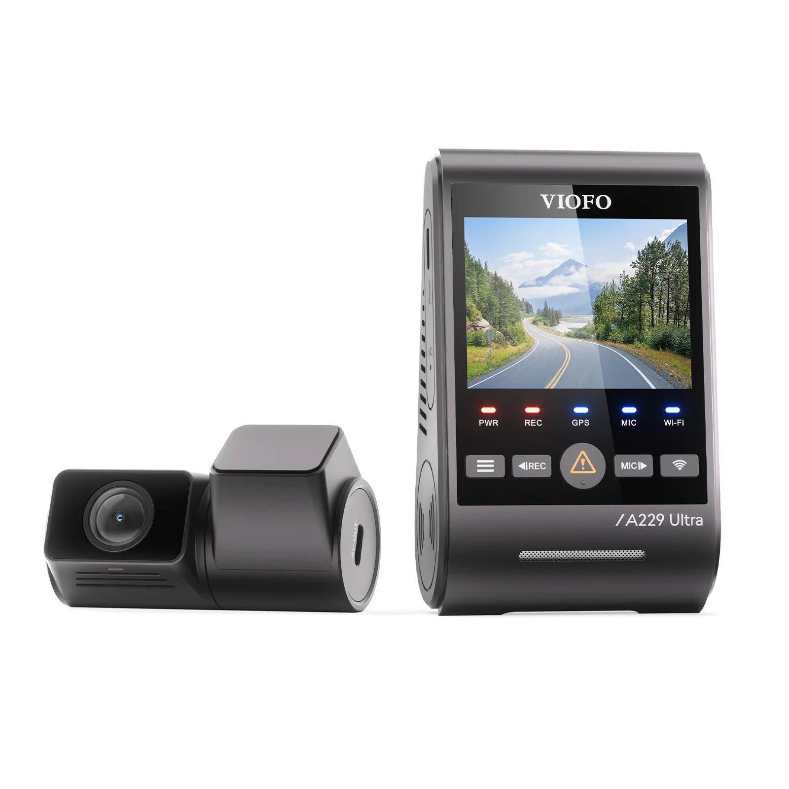 VIOFO A229 Ultra front three-quarter view of dual 4K HDR dash cam system
