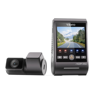VIOFO A229 Ultra front three-quarter view of dual 4K HDR dash cam system