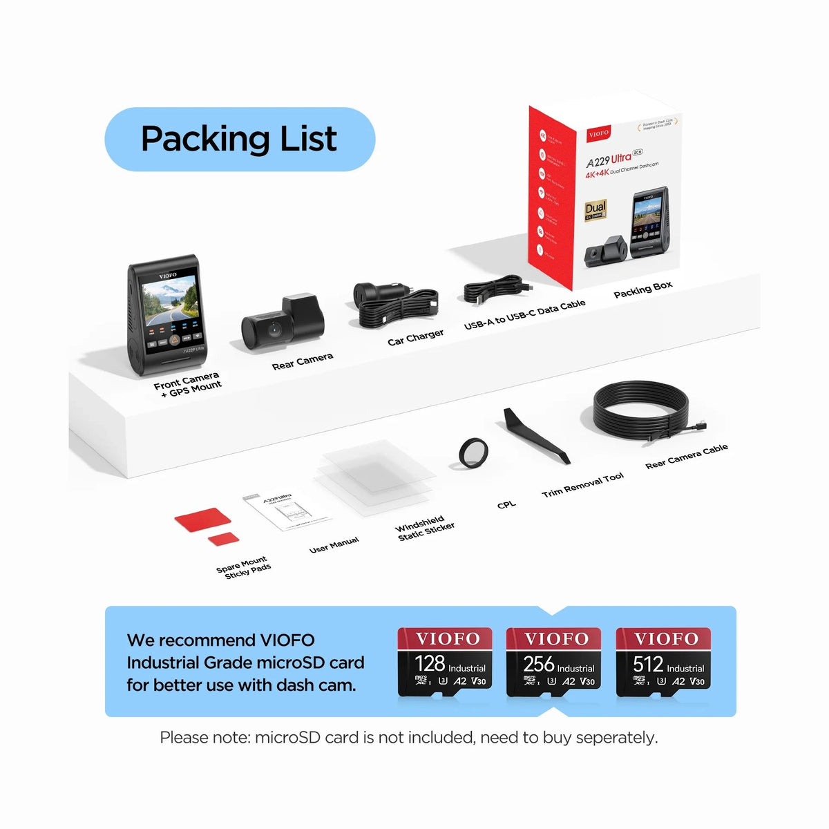 VIOFO A229 Ultra kit contents including cameras cables mount and accessories