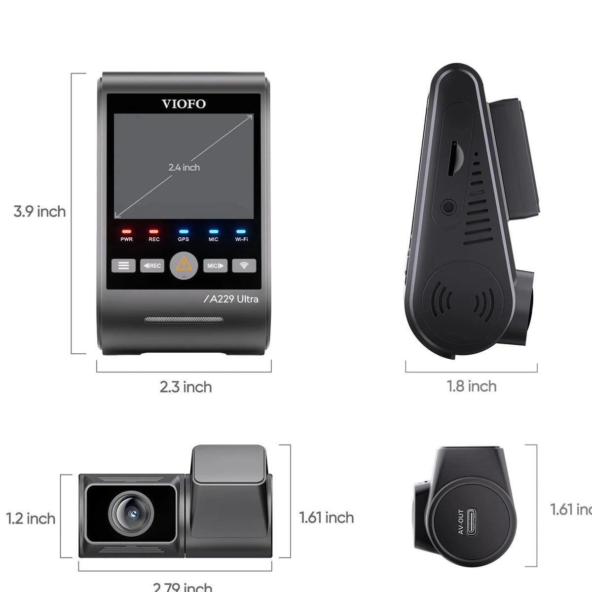 VIOFO A229 Ultra technical dimension diagram showing unit sizes and ports