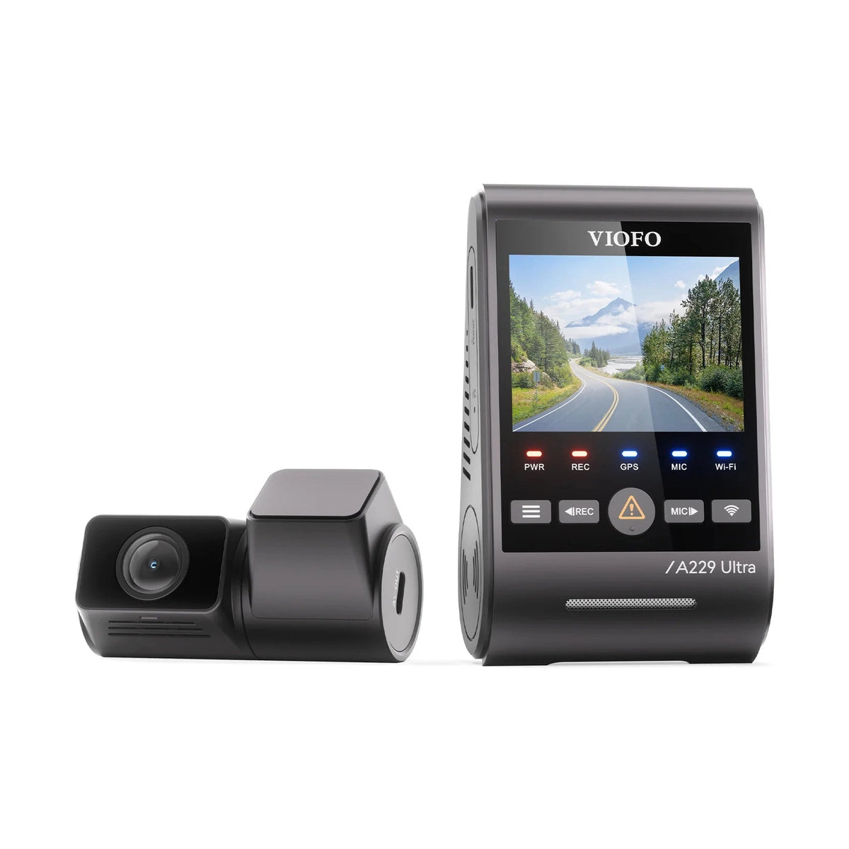 VIOFO A229 Ultra front three-quarter view of dual 4K HDR dash cam system