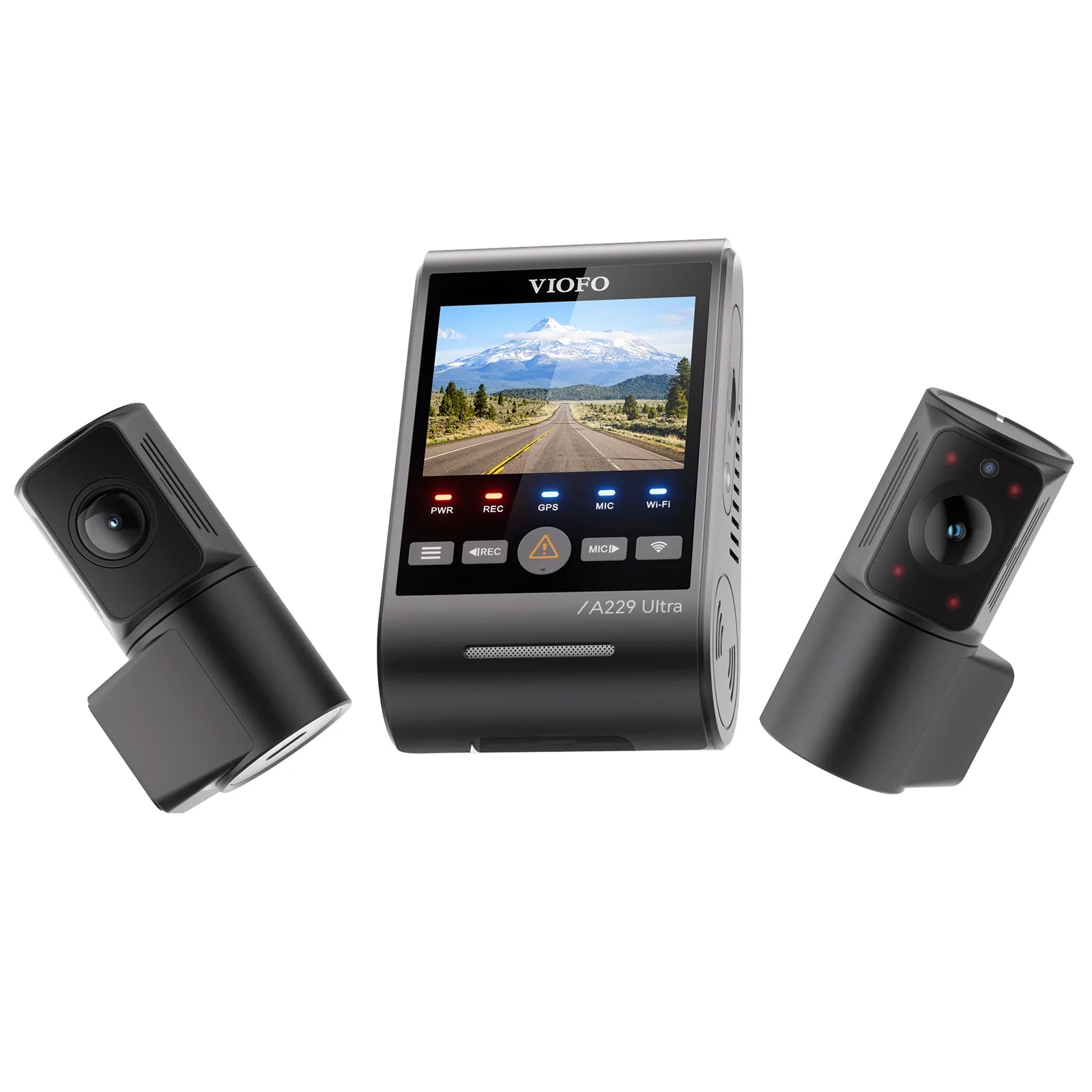 VIOFO A229 Ultra 3-CH dash cam set with low profile front and cylindrical rear lens