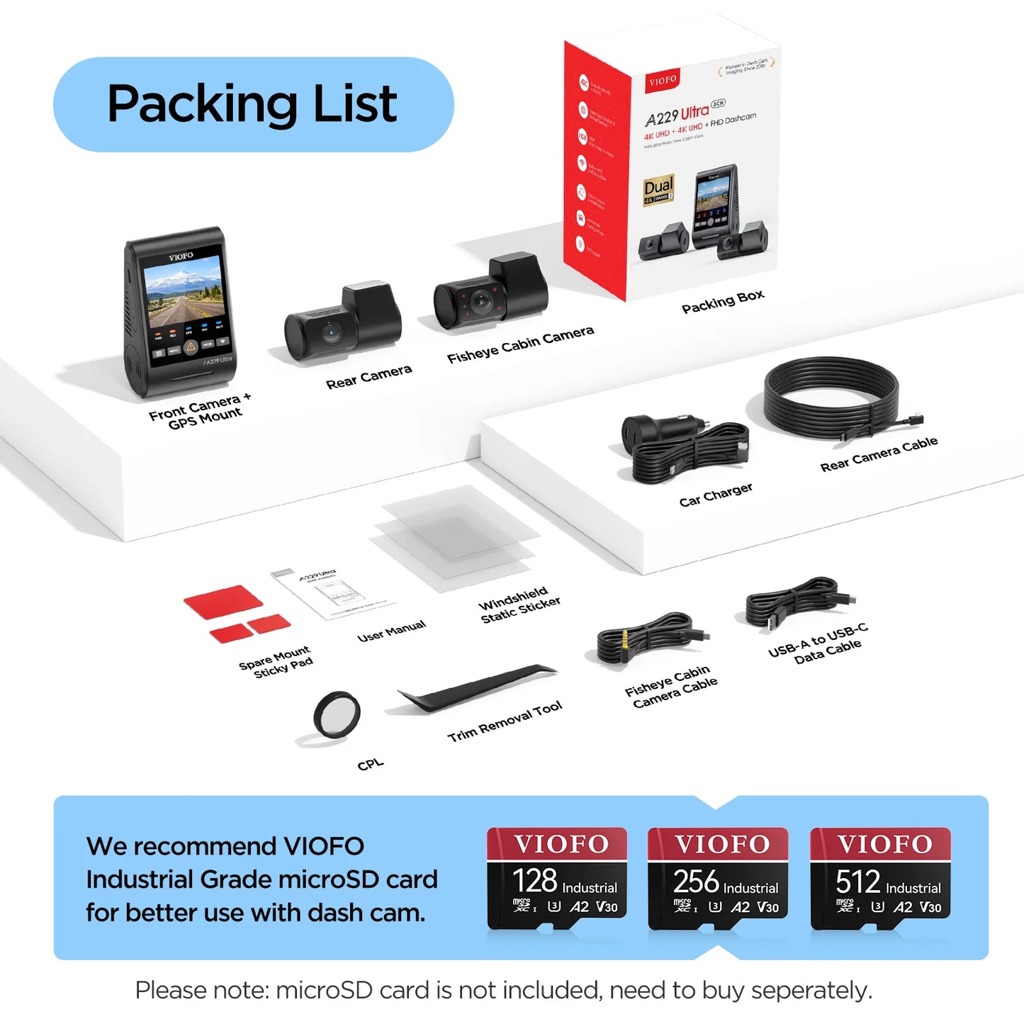VIOFO A229 Ultra complete packing list including GPS mount CPL and tools