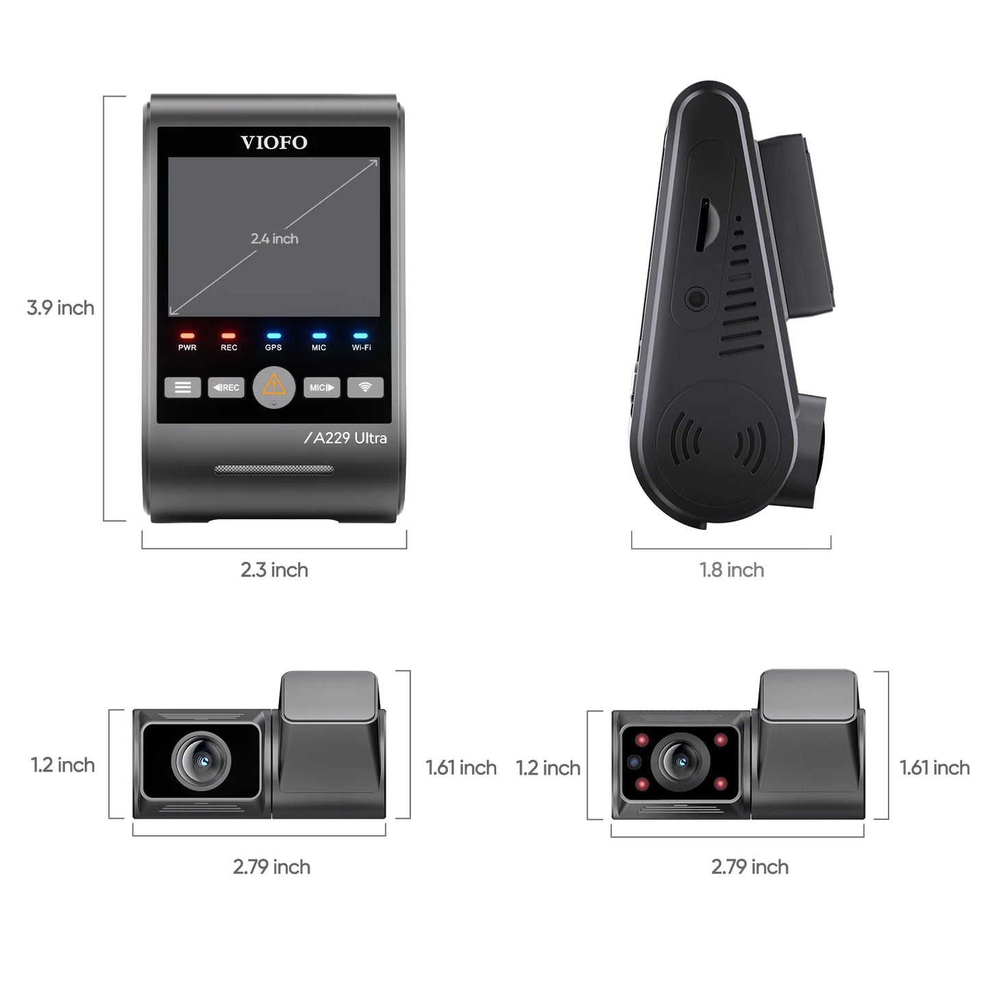 VIOFO A229 Ultra technical dimensions diagram for main unit and camera modules